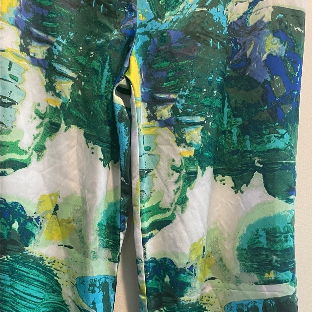 Timeless Naeem Khan Watercolor Abstract Green and Blue Wide Leg Pull Up Pants - Picture 5 of 11